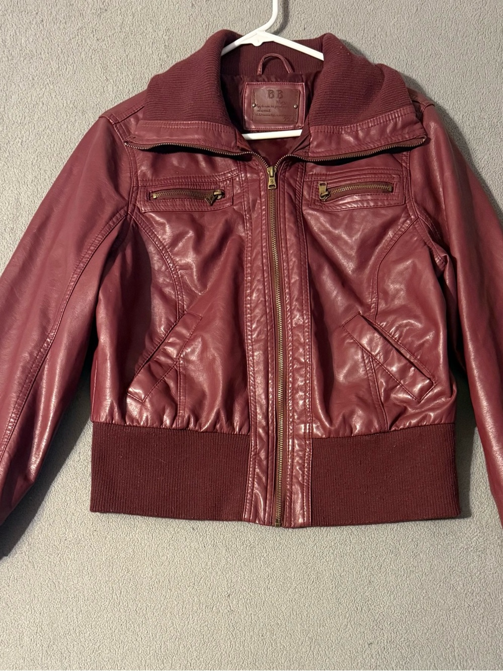Women's Burgundy Faux Leather Bomber Jacket with Rib Knit Hem